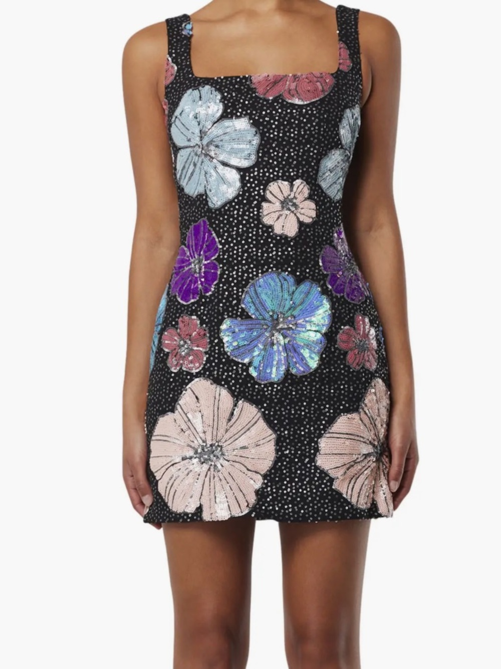 Elliatt Lou Dress | Black Sequin Floral Mini Dress with Pink and Teal Flowers - Picture 3 of 4